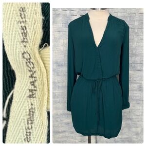 Mango XS Shirt Dress Basics Green V Neck‎ Long Sleeve Drawstring Waist